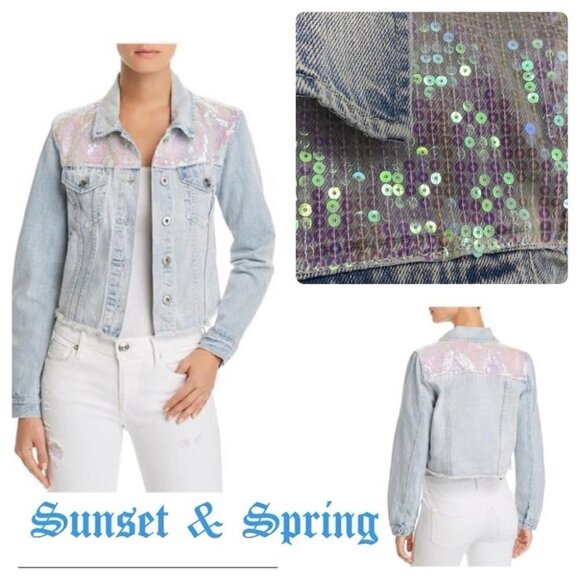Sunset & Spring “Mermaid” Light Wash Sequin Denim Jacket, Size XS - Picture 2 of 13